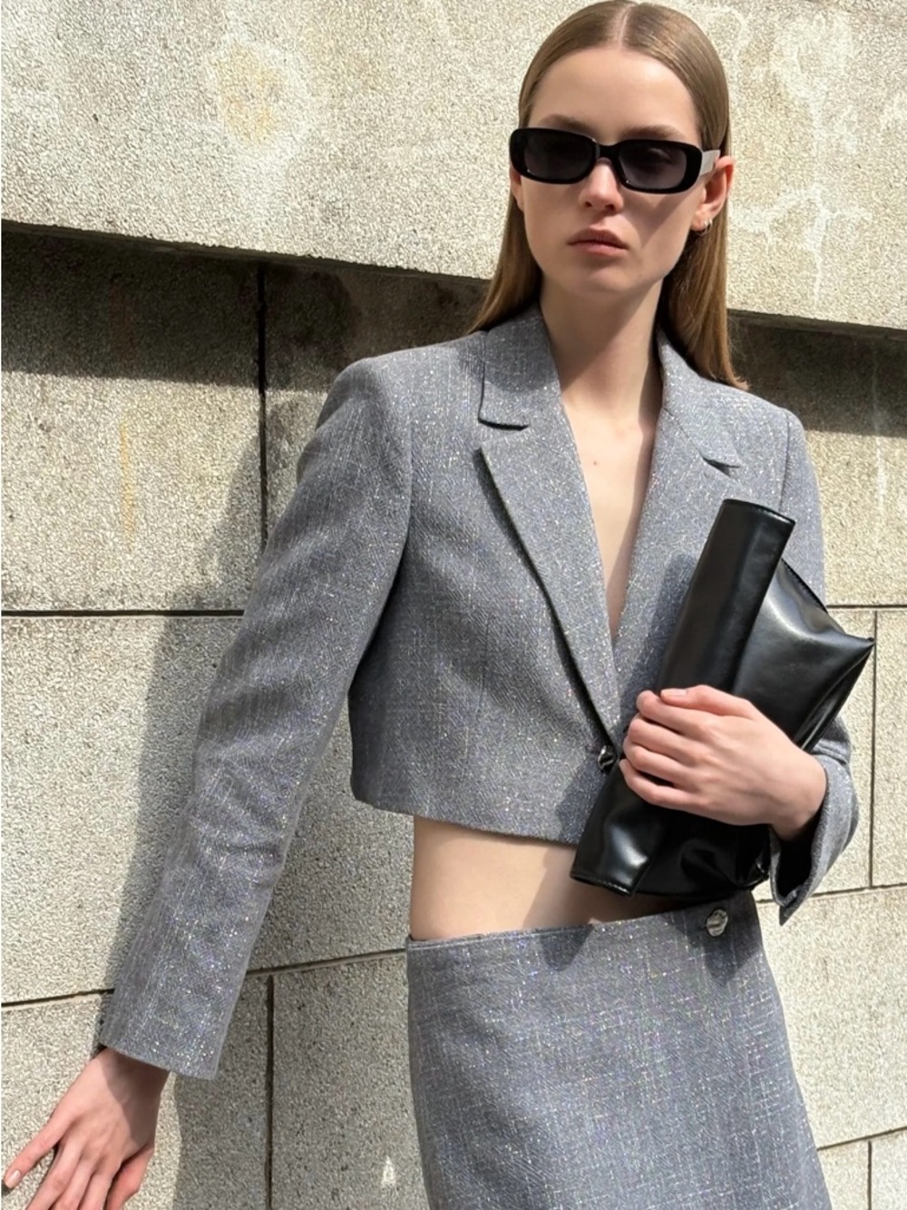 Zara Silver-Gray Cropped Tweed Blazer